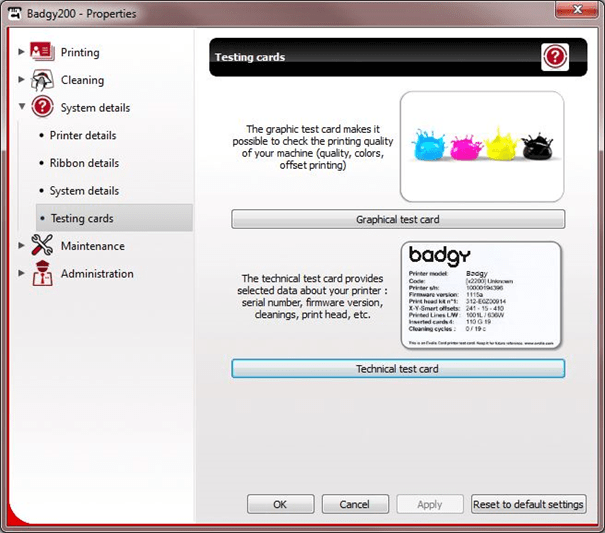 Badgy firmware identification via the print center and technical test cards