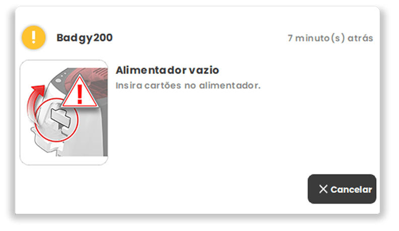 Exemplo de notificação: o utilizador é avisado quando não há mais cartões no alimentador.