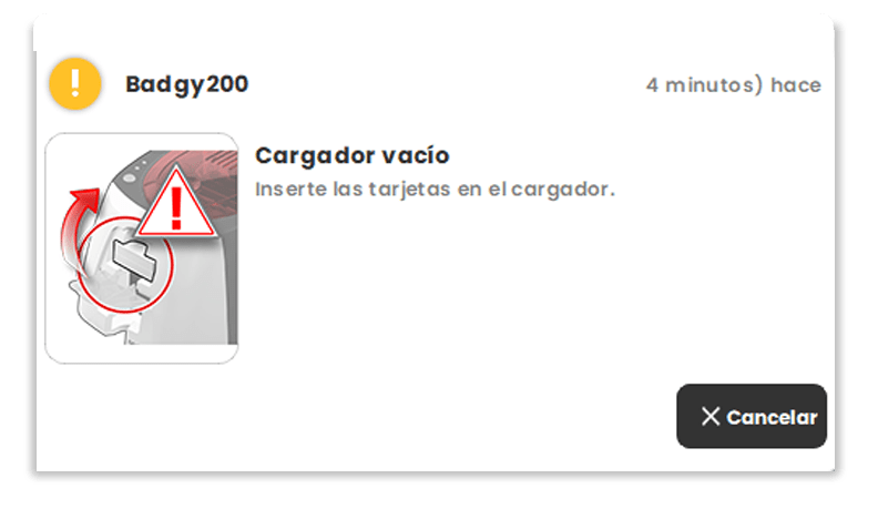 Ejemplo de notificación: se avisa al usuario cuando no hay más tarjetas en el cargador